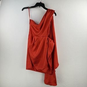 Runaway Satin One Shoulder dress Sash Cape Side Zip‎ Women’s M Red
